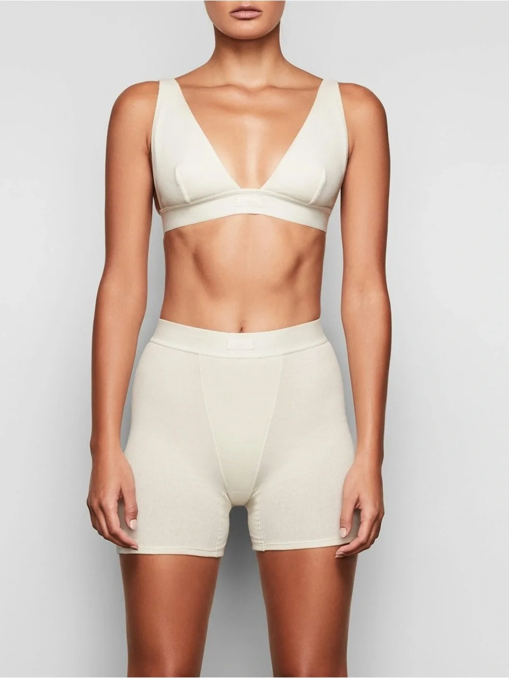 SKIMS Cream Ribbed Triangle Bralette & High-Waist Ribbed boxers